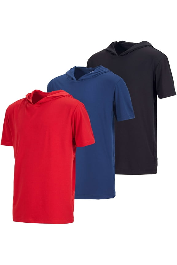 3 Pack: Boys Dry-Fit Youth Teen Active Athletic Short Sleeve Workout Hoodie - Hooded Pullover Shirts