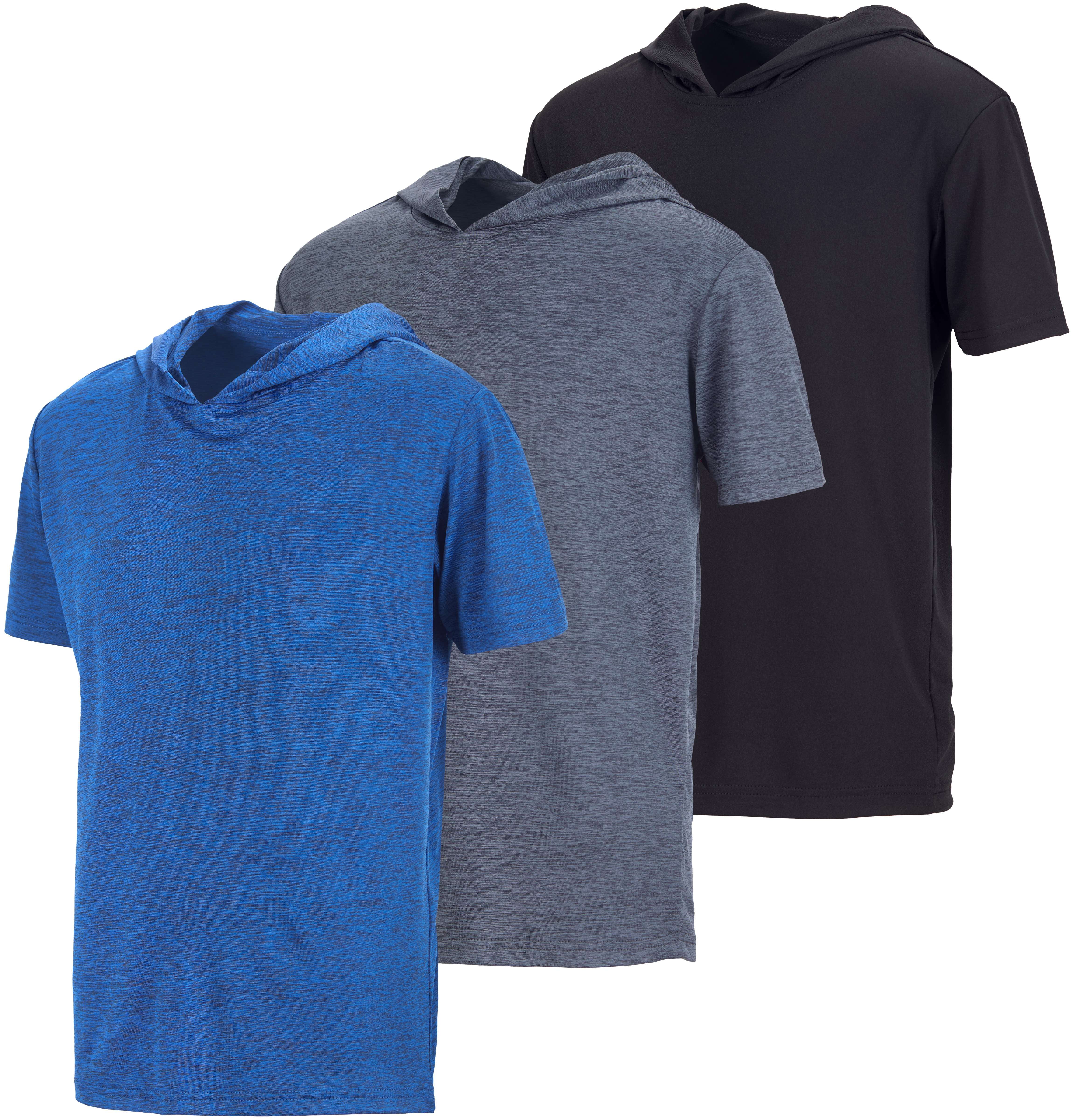 Real Essentials 3 Pack: Boys Dry-Fit Youth Teen Active Athletic Short Sleeve Workout Hoodie - Hooded Pullover Shirts