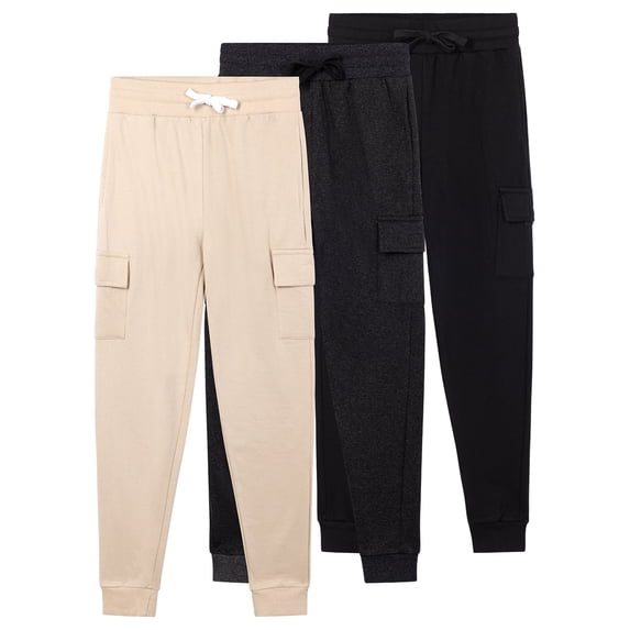 Real Essentials 3 Pack: Boys' Cotton Fleece Cargo Joggers Athletic Sweatpants - Kids Casual Sports Pants Pockets (Ages 6-16)