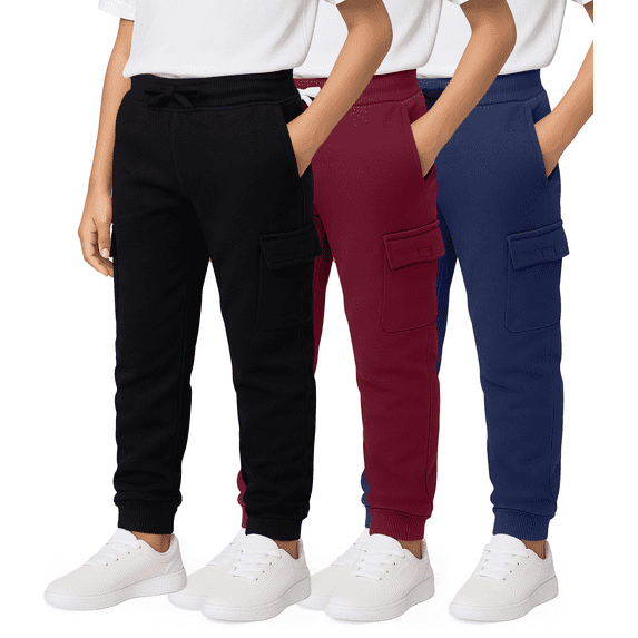 Real Essentials 3 Pack: Boys' Cotton Fleece Cargo Joggers Athletic Sweatpants - Kids Casual Sports Pants Pockets (Ages 6-16)