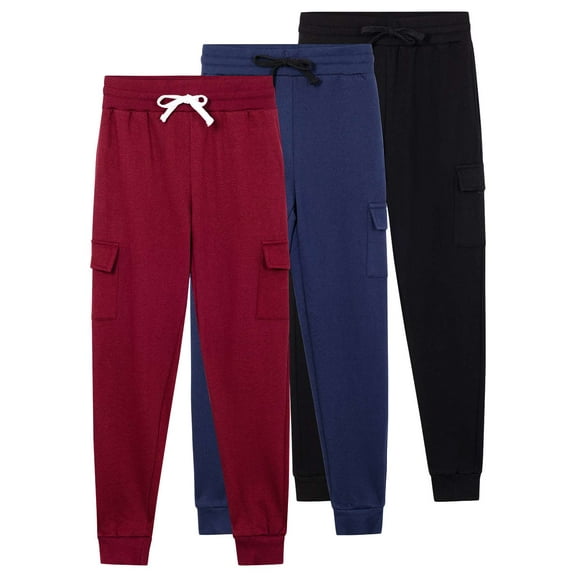 Real Essentials 3 Pack: Boys Fleece Cargo Jogger Sweatpants Athletic Workout Kids Pocket and Drawstring Size 4-32