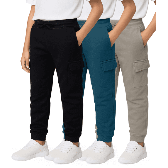 Real Essentials 3 Pack: Boys' Cotton Fleece Cargo Joggers Athletic Sweatpants - Kids Casual Sports Pants Pockets (Ages 6-16)