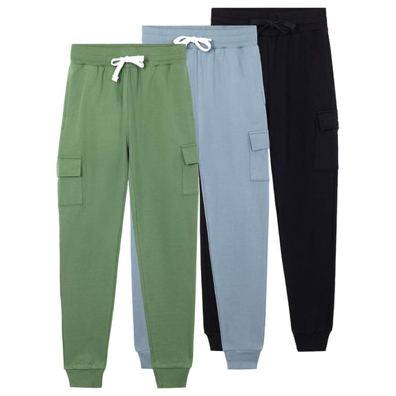 Real Essentials 3 Pack: Boys' Cotton Fleece Cargo Joggers Athletic Sweatpants - Kids Casual Sports Pants Pockets (Ages 6-16)