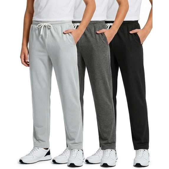 Real Essentials 3 Pack: Boys' French Terry Open Bottom Sweatpants Sweats for School Kids Teens with Pockets (Size 4-18)