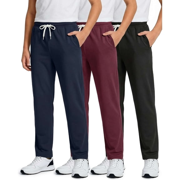 Real Essentials 3 Pack: Boys' French Terry Open Bottom Sweatpants Sweats for School Kids Teens with Pockets (Size 4-18)
