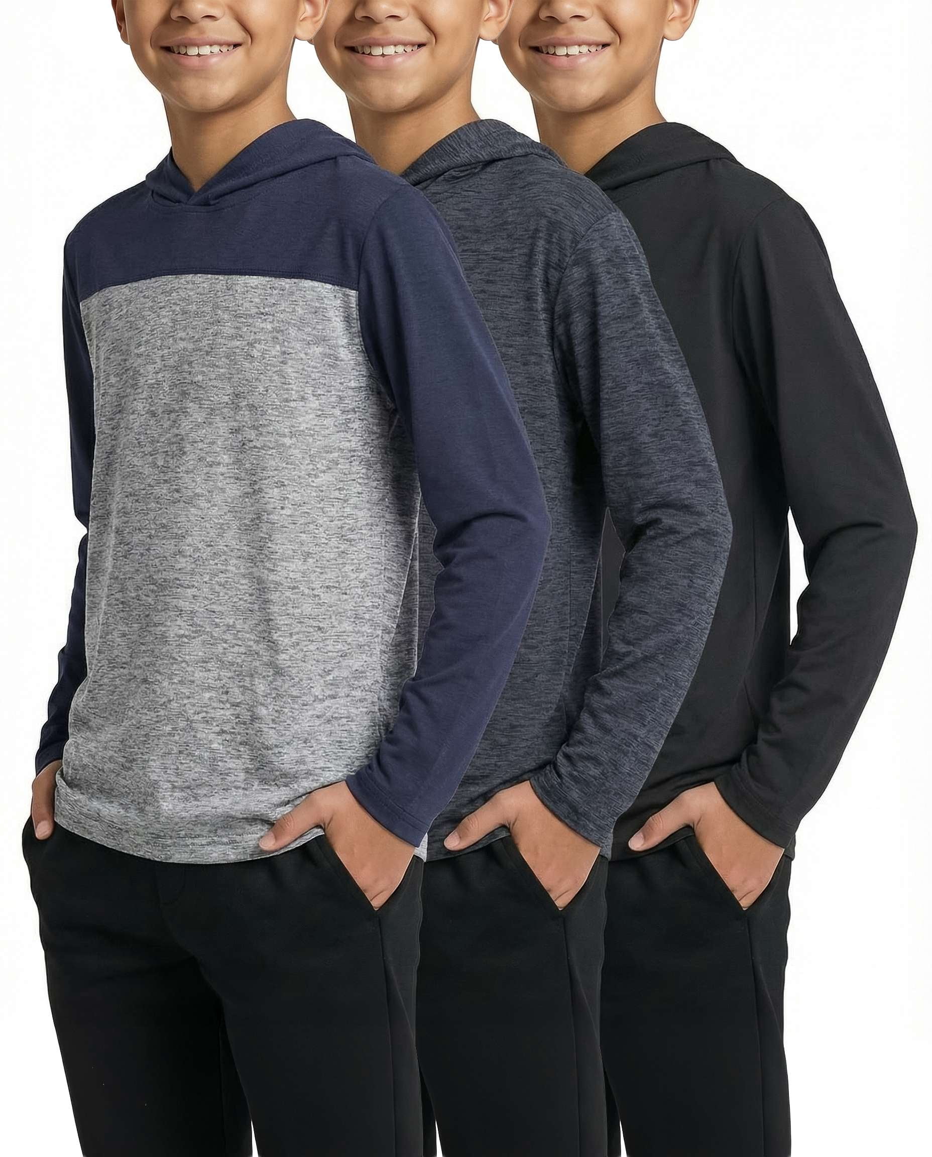 Real Essentials 3 Pack: Dry-Fit Youth Boys Teen Active Long Sleeve Hoodie Sweatshirts - Hooded Pullover Shirts