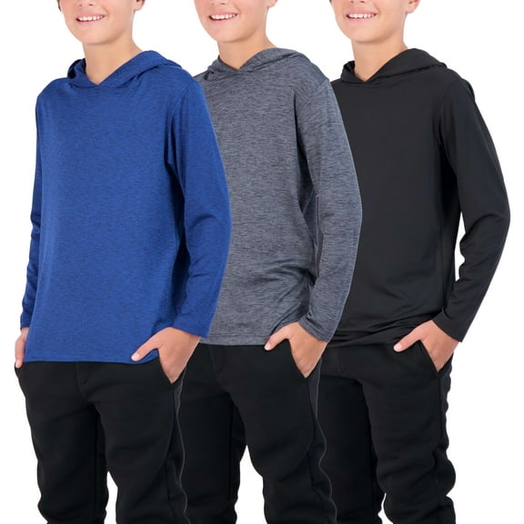 3 Pack: Dry-Fit Youth Boys Teen Active Long Sleeve Hoodie Sweatshirts - Hooded Pullover Shirts