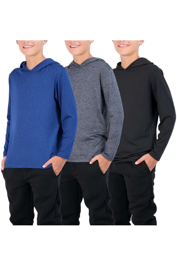 3 Pack: Dry-Fit Youth Boys Teen Active Long Sleeve Hoodie Sweatshirts - Hooded Pullover Shirts