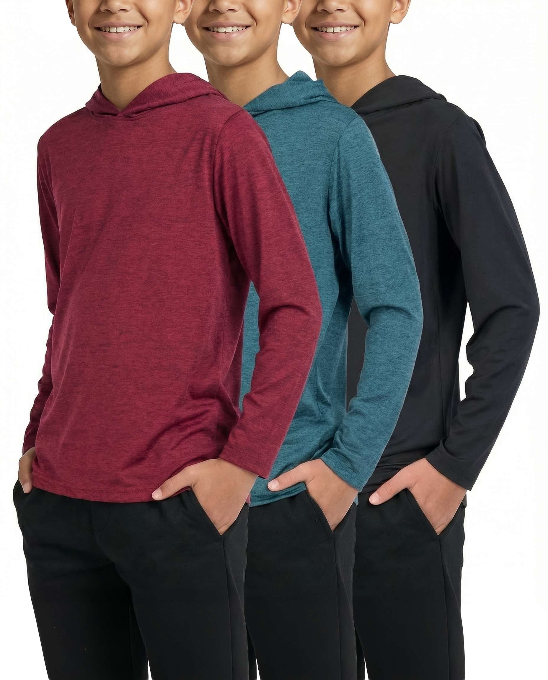 Real Essentials 3 Pack: Dry-Fit Youth Boys Teen Active Long Sleeve Hoodie Sweatshirts - Hooded Pullover Shirts