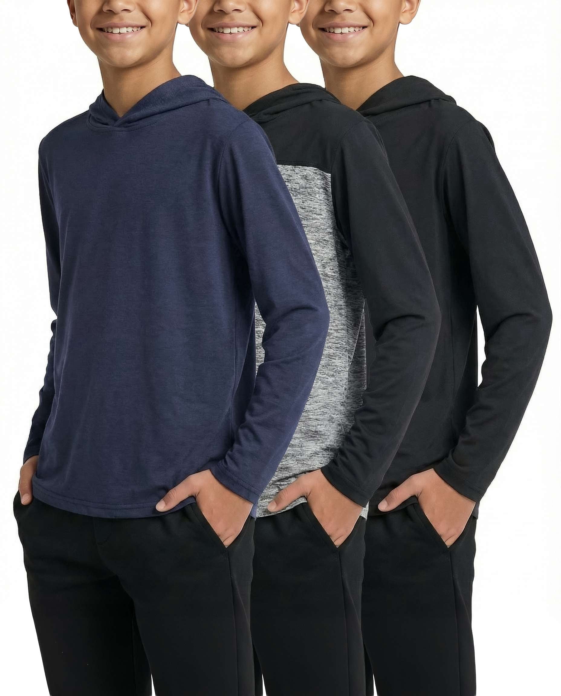 Real Essentials 3 Pack: Dry-Fit Youth Boys Teen Active Long Sleeve Hoodie Sweatshirts - Hooded Pullover Shirts