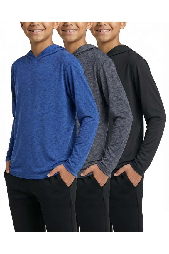 3 Pack: Dry-Fit Youth Boys Teen Active Long Sleeve Hoodie Sweatshirts - Hooded Pullover Shirts