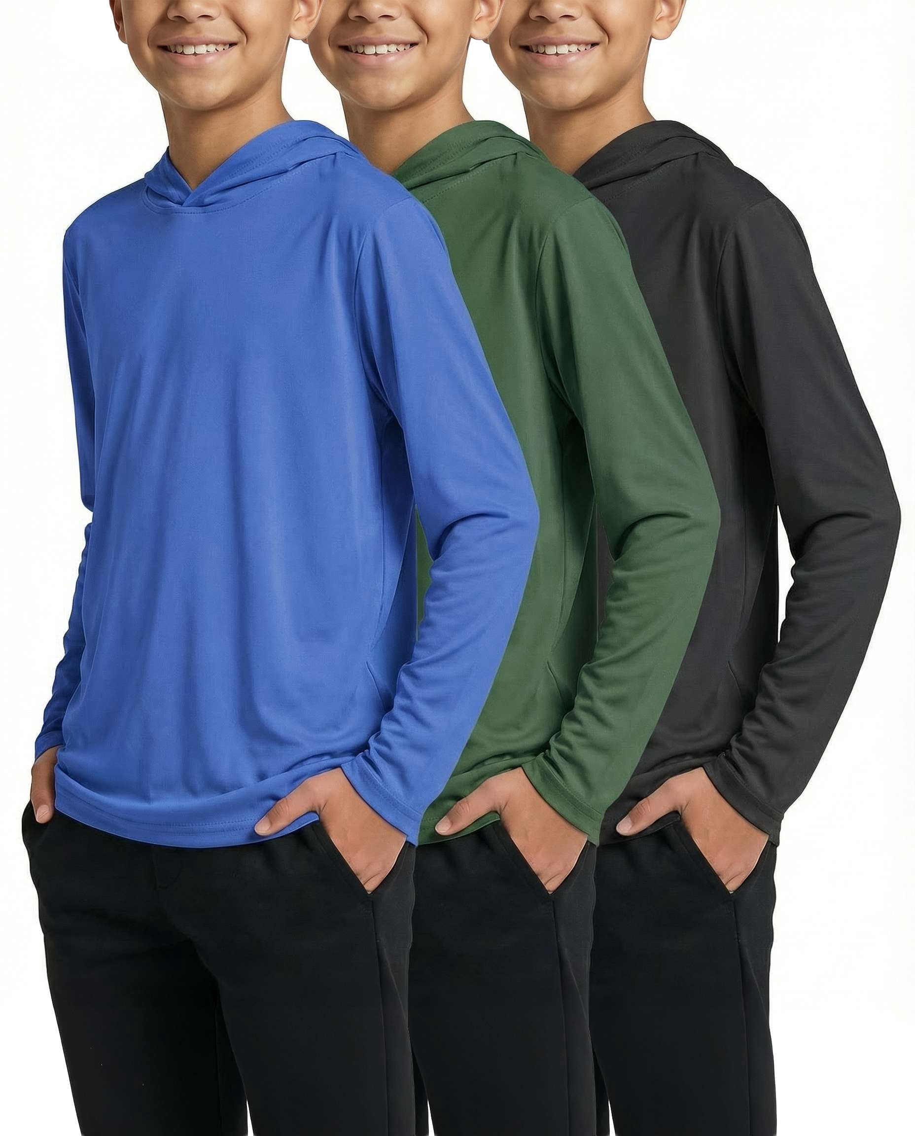 Real Essentials 3 Pack: Dry-Fit Youth Boys Teen Active Long Sleeve Hoodie Sweatshirts - Hooded Pullover Shirts
