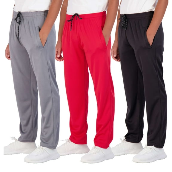 Real Essentials 3 Pack: Boys' Mesh Open Bottom Active Sweatpants with Pockets & Drawstring