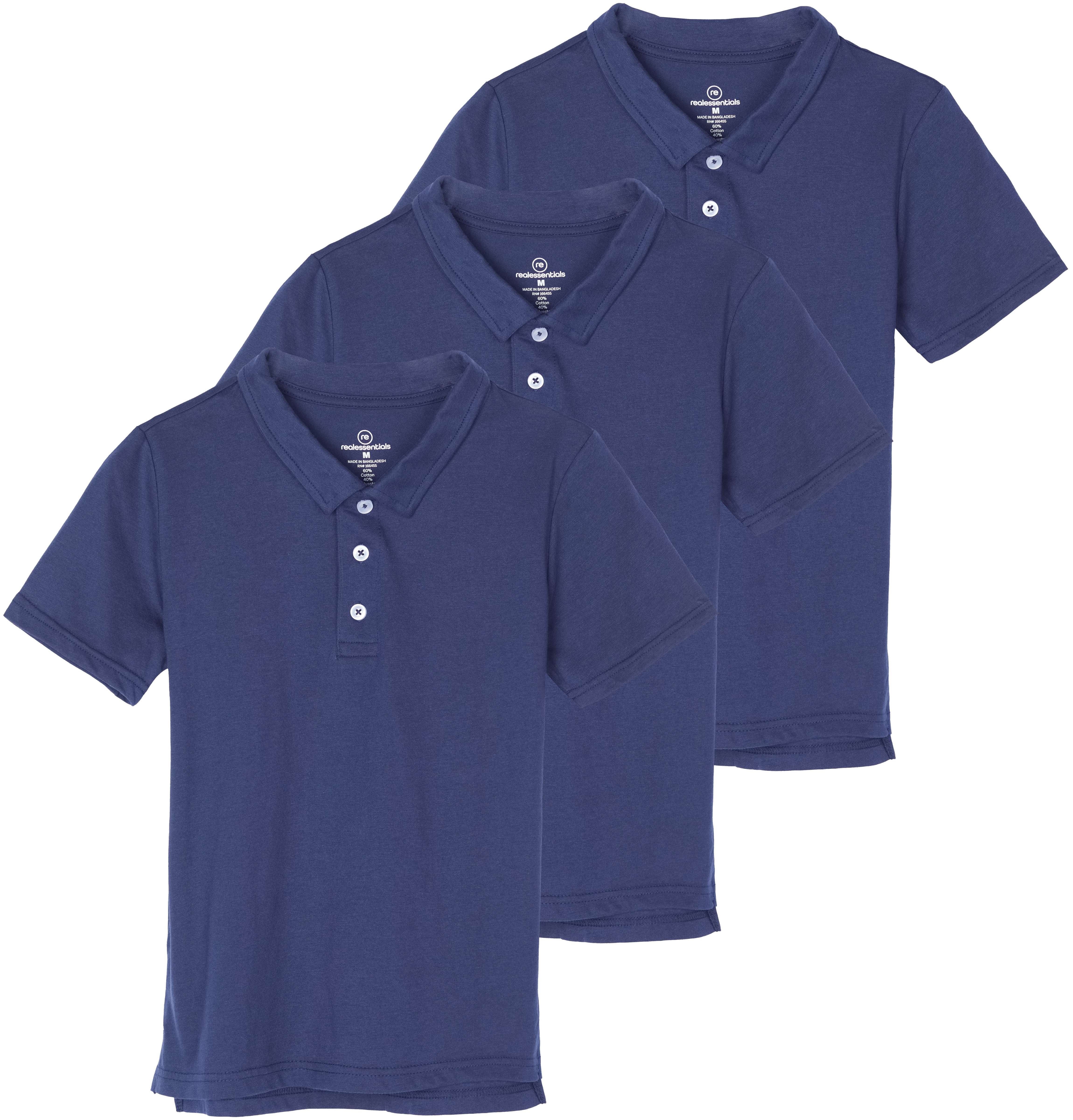 Real Essentials 3 Pack: Boys' Short Sleeve Jersey Cotton Polo Shirt - Uniform Performance (Ages 4-18)