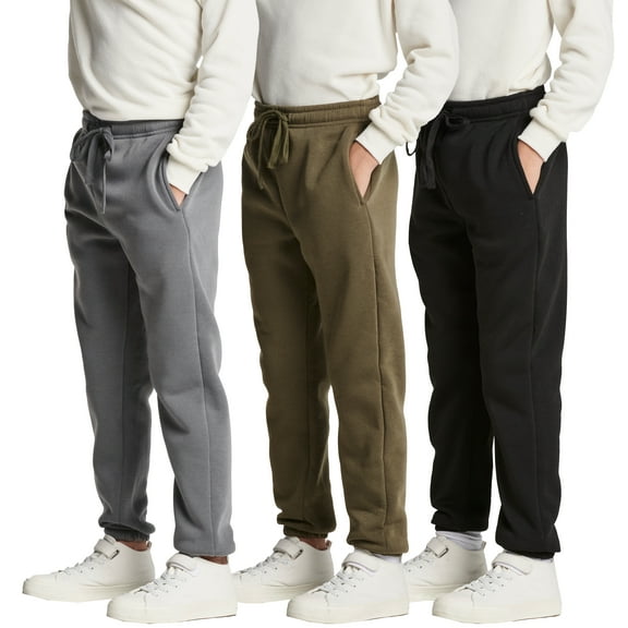Real Essentials 3 Pack: Boys Tech Fleece Jogger Sweatpants With Pockets - Youth Soft Athletic Joggers