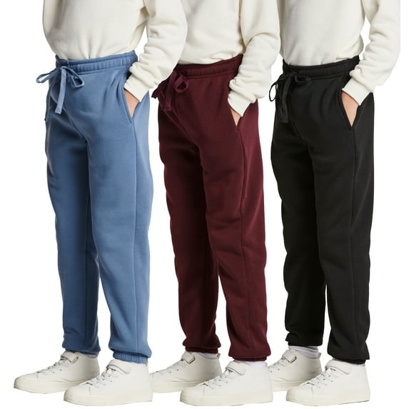 Real Essentials 3 Pack: Boys Tech Fleece Jogger Sweatpants With Pockets - Youth Soft Athletic Joggers