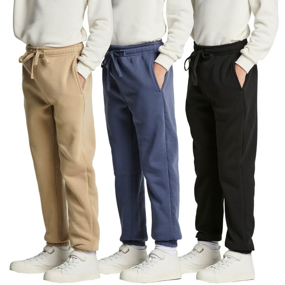 Real Essentials 3 Pack: Boys Tech Fleece Jogger Sweatpants With Pockets - Youth Soft Athletic Joggers