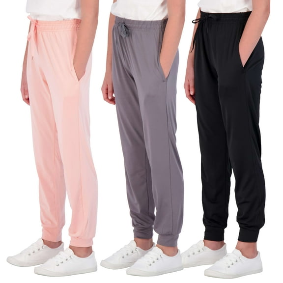 Real Essentials 3 Pack: Girls' Dry-Fit Jogger Sweatpants Soft Active Athletic Kids Joggers with Pockets & Drawstring