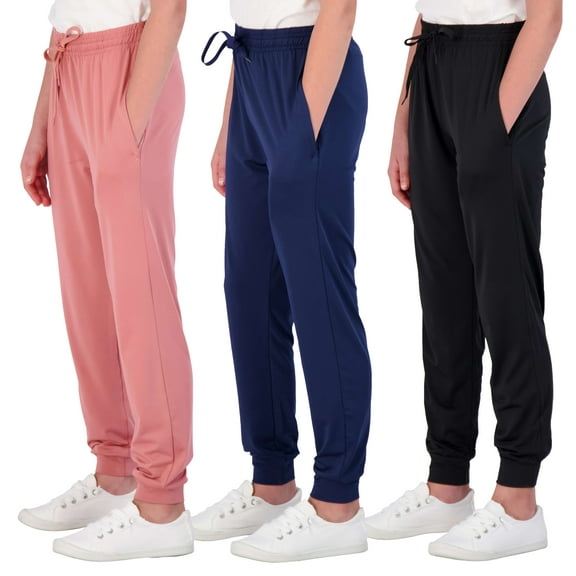 Real Essentials 3 Pack: Girls' Dry-Fit Jogger Sweatpants Soft Active Athletic Kids Joggers with Pockets & Drawstring