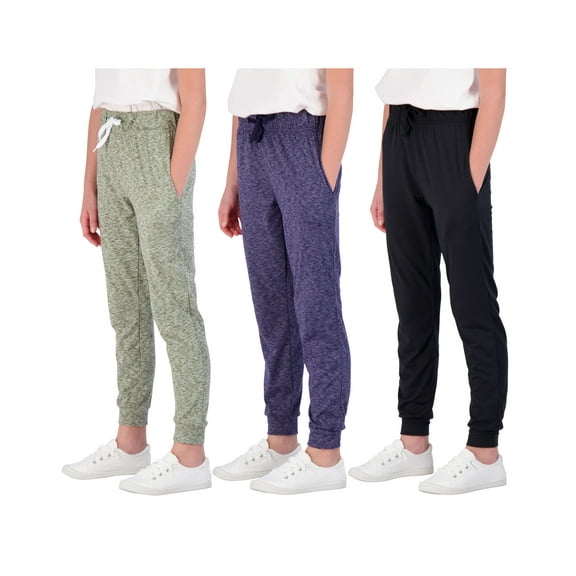 Real Essentials 3 Pack: Girls' Lounge Joggers Soft Athletic Performance Casual Sweatpants(Ages 7-31