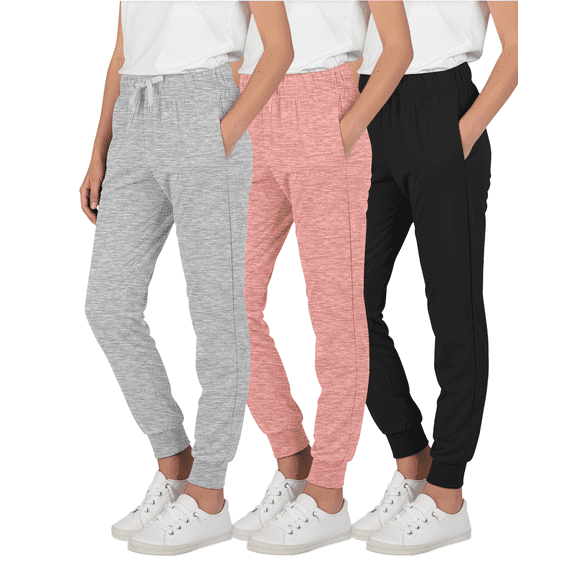 Real Essentials 3 Pack: Girls' Lounge Joggers Soft Athletic Performance Casual Sweatpants(Ages 7-16