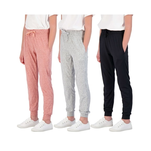 Real Essentials 3 Pack: Girls' Lounge Joggers Soft Athletic Performance Casual Sweatpants(Ages 7-16