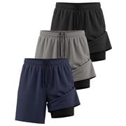 Real Essentials 3 Pack Mens 2 in 1 Mesh 7" Running Workout Gym Shorts with Compression Liner Available in Big & Tall