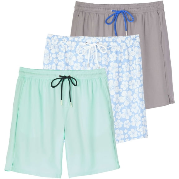 Real Essentials 3 Pack: Men's 9" Inch 2 in 1 Board Shorts with Compression Liner - Bathing Suit With Back Flap Pocket