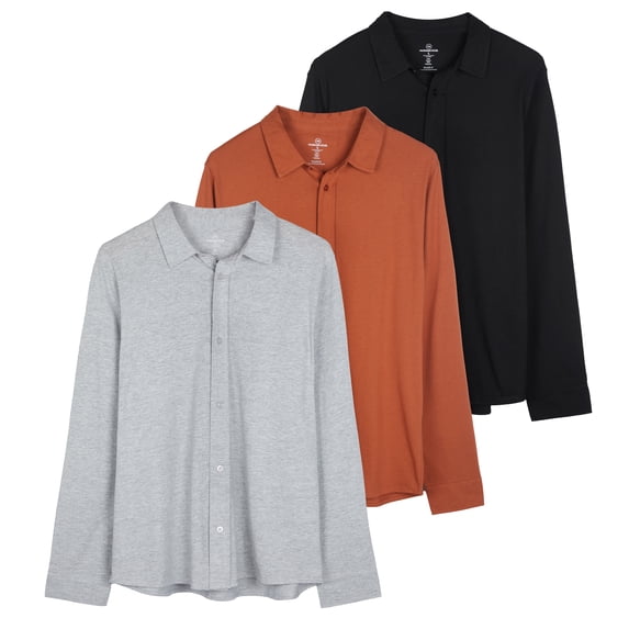 Real Essentials 3-Pack: Men's Classic Style Casual Long Sleeve Button Down Collared Shirt (Available in Big & Tall)