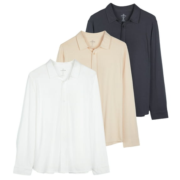 Real Essentials 3-Pack: Men's Classic Style Casual Long Sleeve Button Down Collared Shirt (Available in Big & Tall)