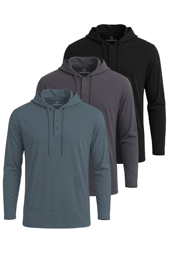 3 Pack: Men's Cotton Henley Pullover Hoodie Casual Workout Comfort Long Sleeve Hooded Sweatshirt Big & Tall