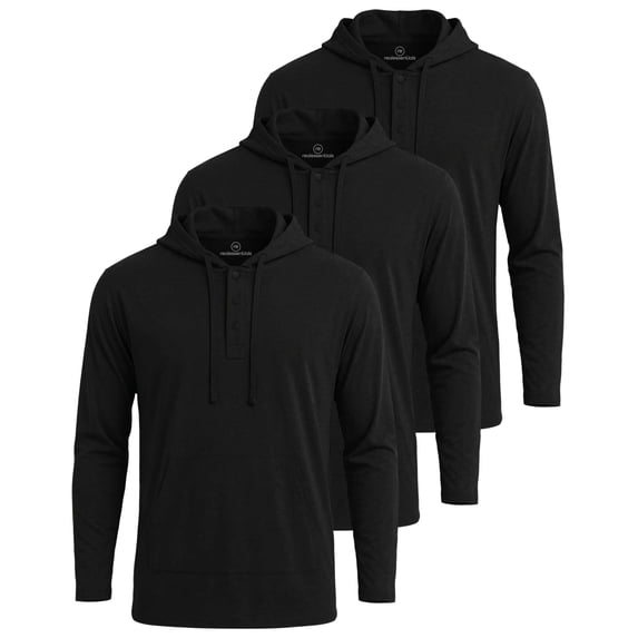 Real Essentials 3 Pack: Men's Cotton Henley Pullover Hoodie Casual Workout Comfort Long Sleeve Hooded Sweatshirt Big & Tall