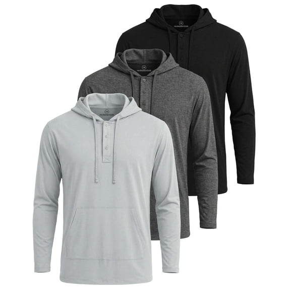 Real Essentials 3 Pack: Men's Cotton Henley Pullover Hoodie Casual Workout Comfort Long Sleeve Hooded Sweatshirt Big & Tall