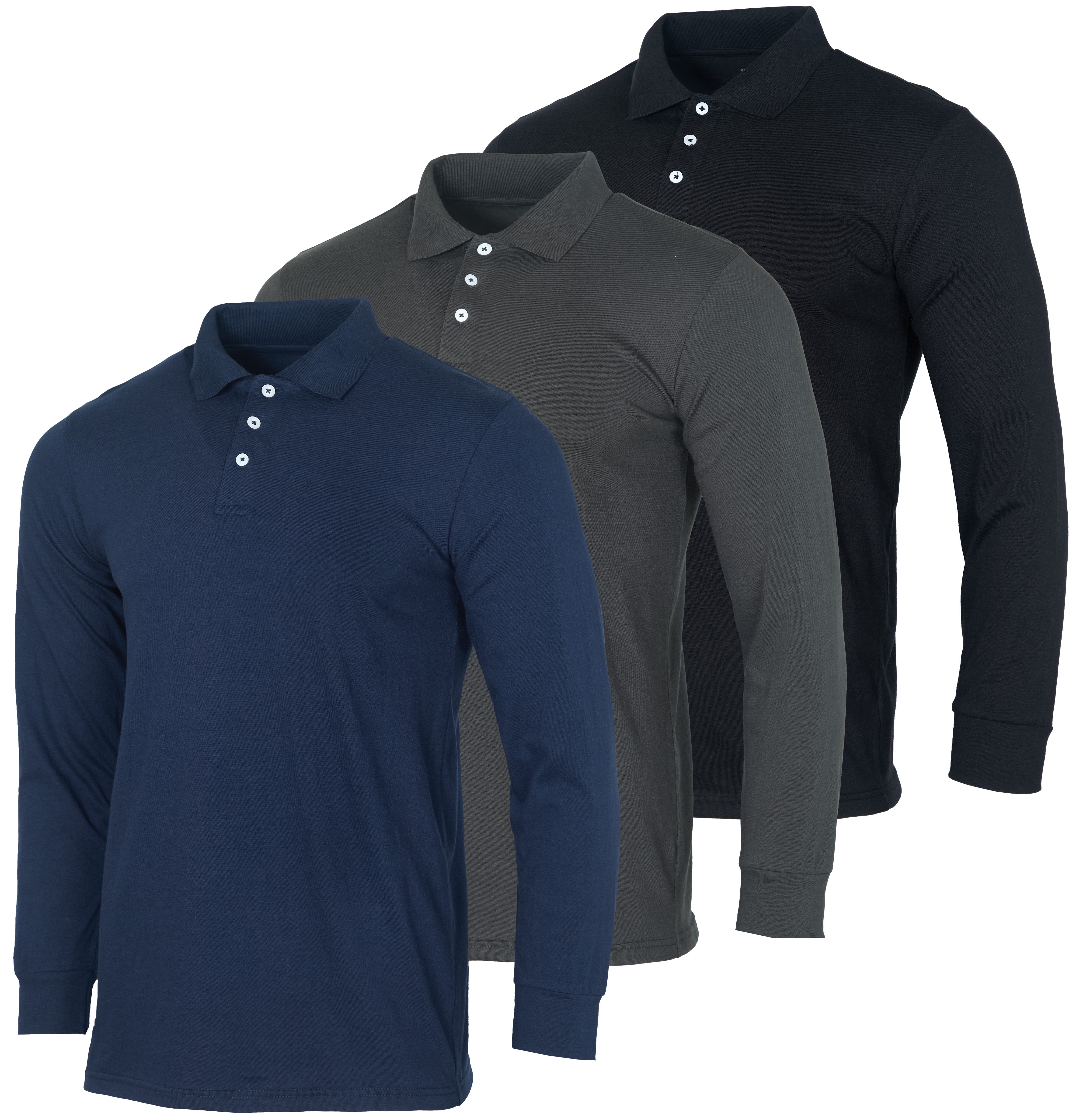 Real Essentials 3 Pack Men's Cotton Jersey LongSleeve Polo Shirt