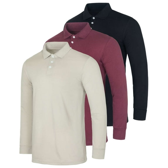 Real Essentials 3 Pack Men's Cotton Jersey Long-Sleeve Polo Shirt - Casual Workwear Office (Available In Big & Tall)