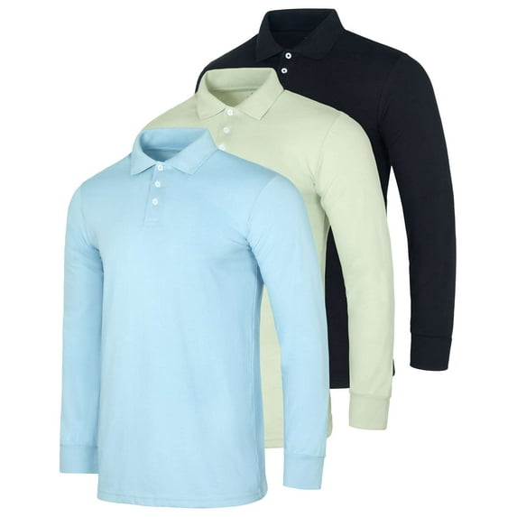 Real Essentials 3 Pack Men's Cotton Jersey Long-Sleeve Polo Shirt - Casual Workwear Office (Available In Big & Tall)