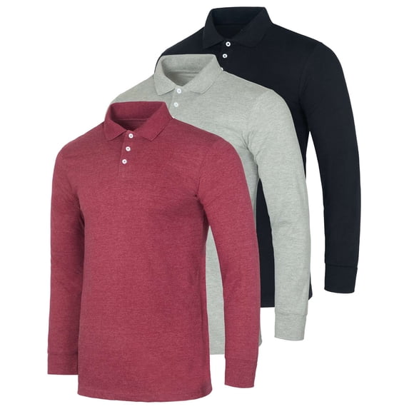 Real Essentials 3 Pack Men's Cotton Jersey Long-Sleeve Polo Shirt - Casual Workwear Office (Available In Big & Tall)