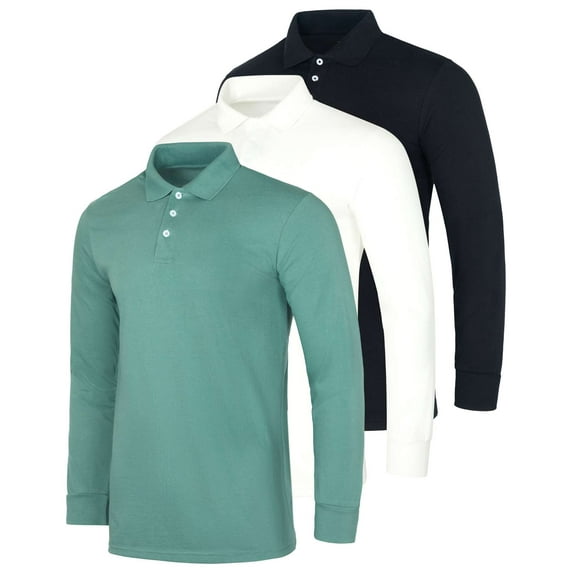 Real Essentials 3 Pack Men's Cotton Jersey Long-Sleeve Polo Shirt - Casual Workwear Office (Available In Big & Tall)