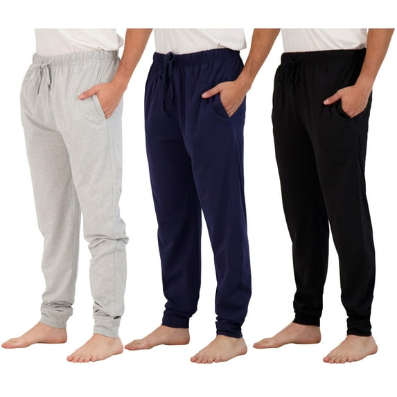 Real Essentials 3 Pack: Men's Cotton Jersey Soft Jogger Sleep Lounge Pajama Drawstring & Pockets (Available in Big & Tall)
