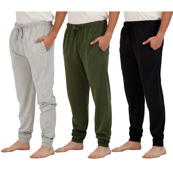 Real Essentials 3 Pack: Men's Cotton Jersey Soft Jogger Sleep Lounge Pajama Drawstring & Pockets (Available in Big & Tall)