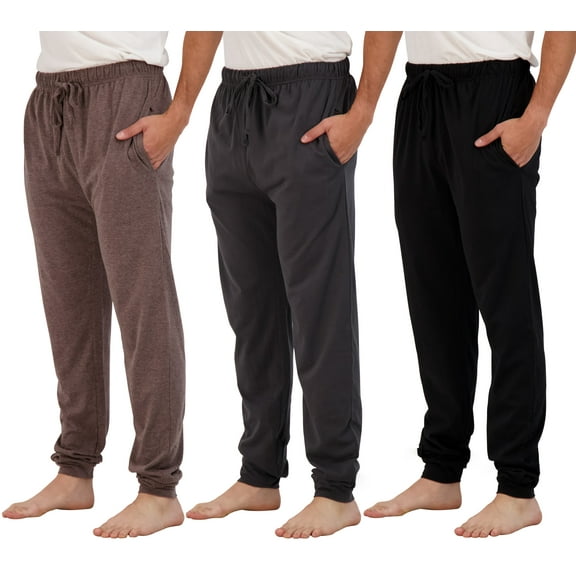 Real Essentials 3 Pack: Men's Cotton Jersey Soft Jogger Sleep Lounge Pajama Drawstring & Pockets (Available in Big & Tall)