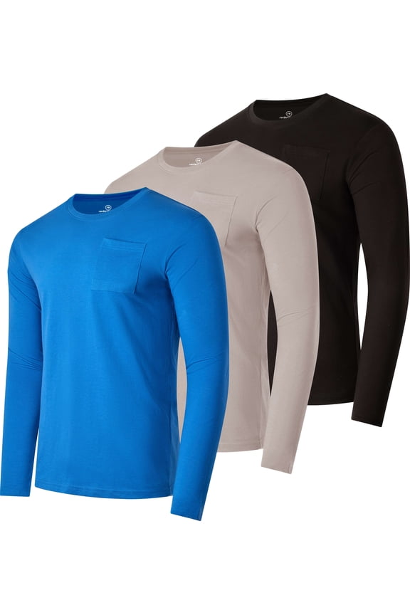 3 Pack: Men's Cotton Long Sleeve Crew Neck T-Shirt with Pocket - Soft Work Casual Jersey Tees (Big & Tall)