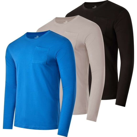 Real Essentials 3 Pack: Men's Cotton Long Sleeve Crew Neck T-Shirt with Pocket - Soft Work Casual Jersey Tees (Big & Tall)