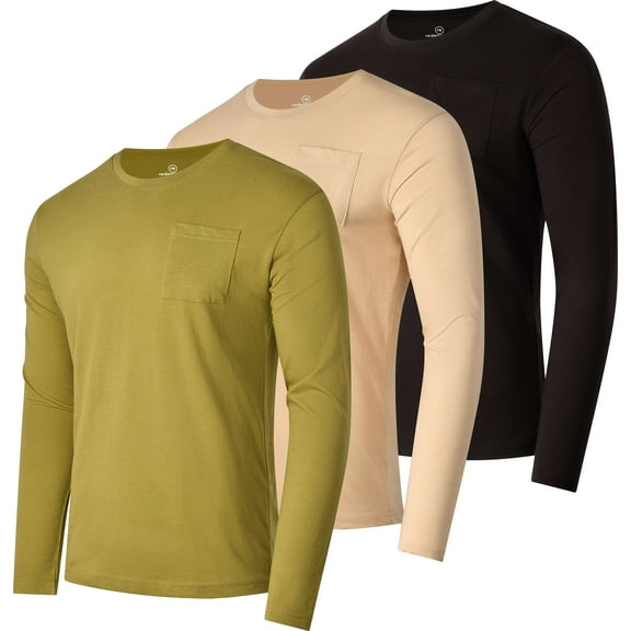 Real Essentials 3 Pack: Men's Cotton Performance Long Sleeve Crew Neck Pocket T-Shirt Athletic Top (Available in Big & Tall)