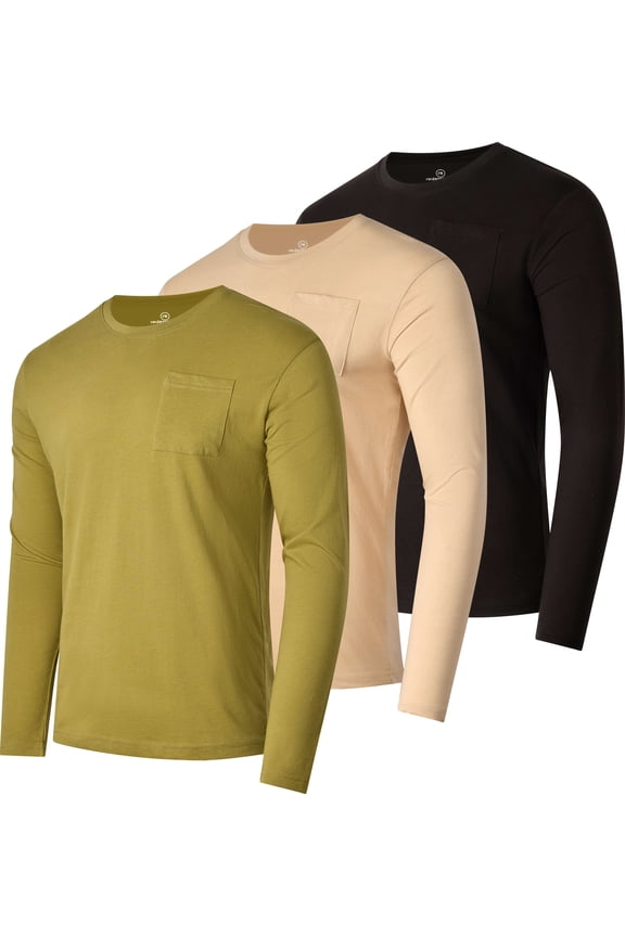 3 Pack: Men's Cotton Performance Long Sleeve Crew Neck Pocket T-Shirt Athletic Top (Available in Big & Tall)