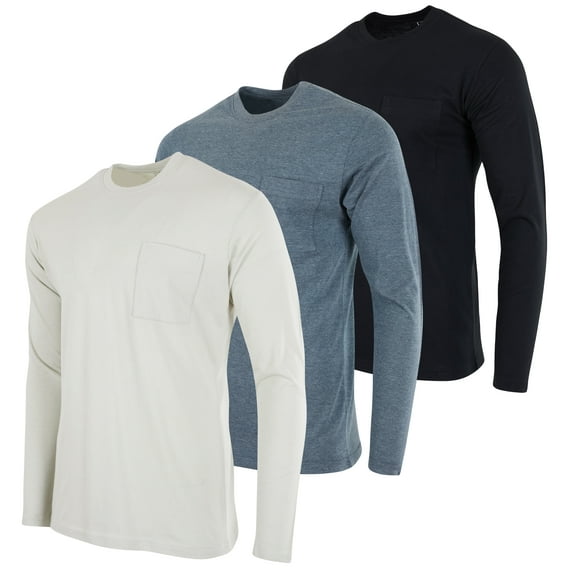Real Essentials 3 Pack: Men's Cotton Performance Long Sleeve Crew Neck Pocket T-Shirt Athletic Top (Available in Big & Tall)