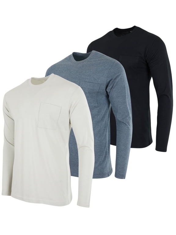 3 Pack: Men's Cotton Performance Long Sleeve Crew Neck Pocket T-Shirt Athletic Top (Available in Big & Tall)