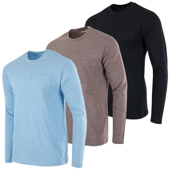 Real Essentials 3 Pack: Men's Cotton Performance Long Sleeve Crew Neck Pocket T-Shirt Athletic Top (Available in Big & Tall)