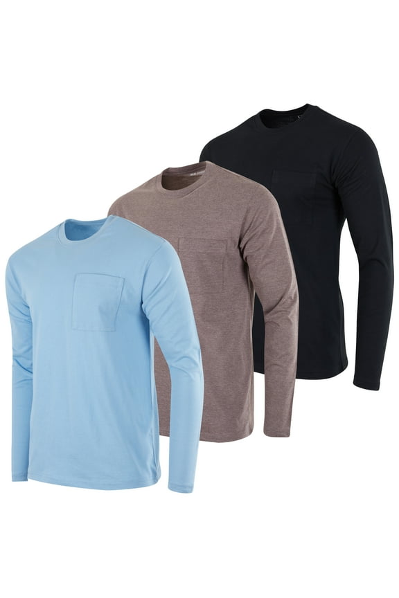 3 Pack: Men's Cotton Performance Long Sleeve Crew Neck Pocket T-Shirt Athletic Top (Available in Big & Tall)