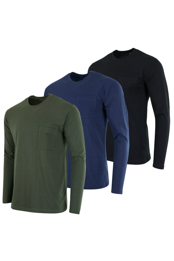 3 Pack: Men's Cotton Performance Long Sleeve Crew Neck Pocket T-Shirt Athletic Top (Available in Big & Tall)